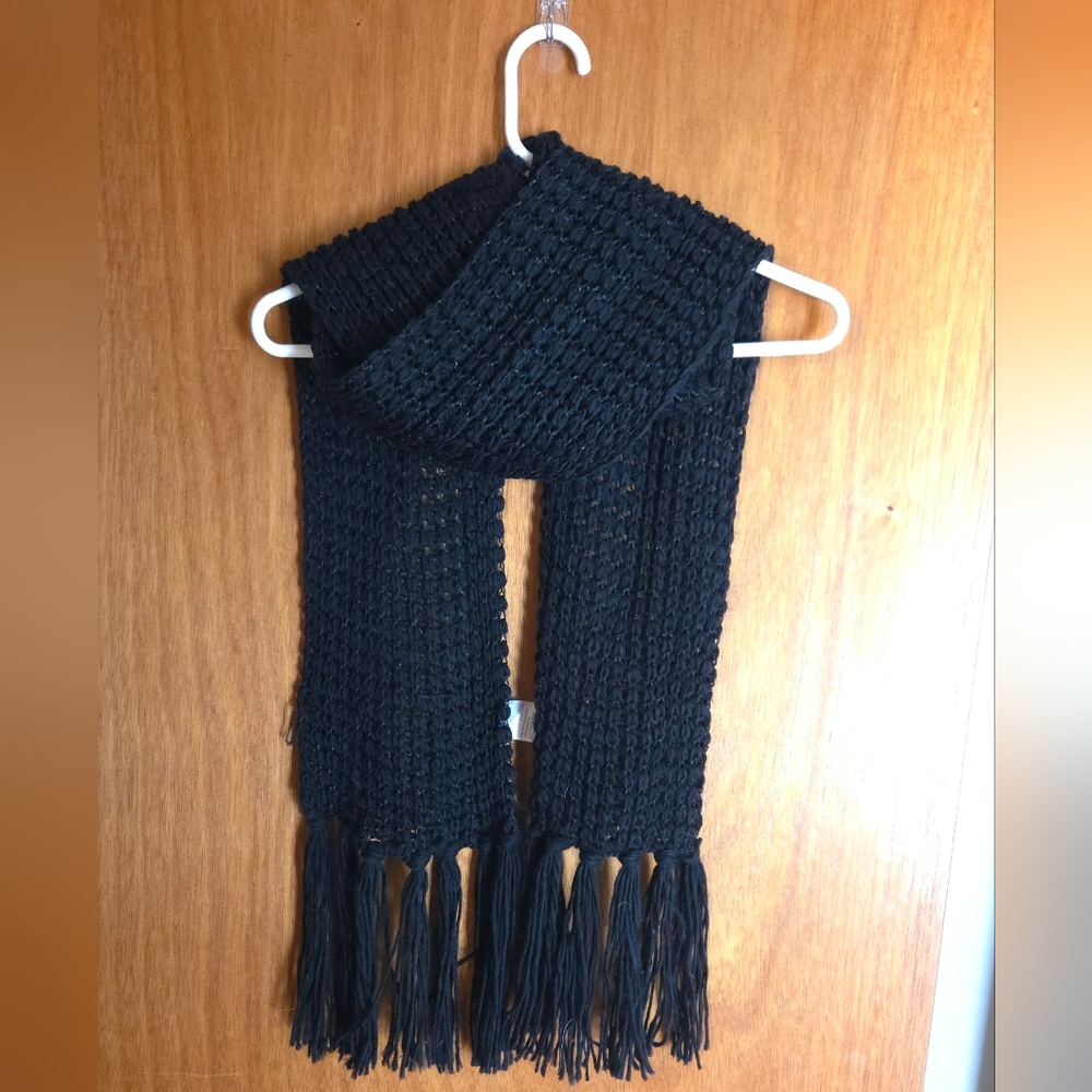 Vanity Black Knit Scarf with Fringe